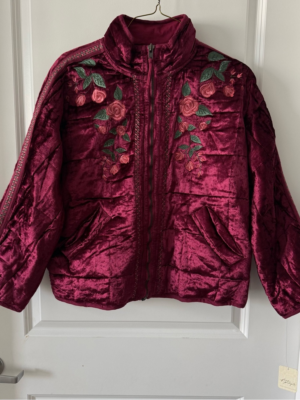 Free People x Anna Sui Dolman Quilted Velvet Jacket Wine Red Rose Embroidered XS